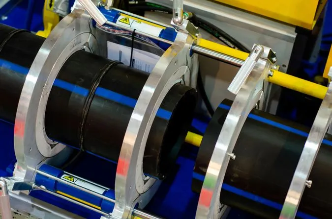 Polyethylene butt fusion machine fusing a pipe joint